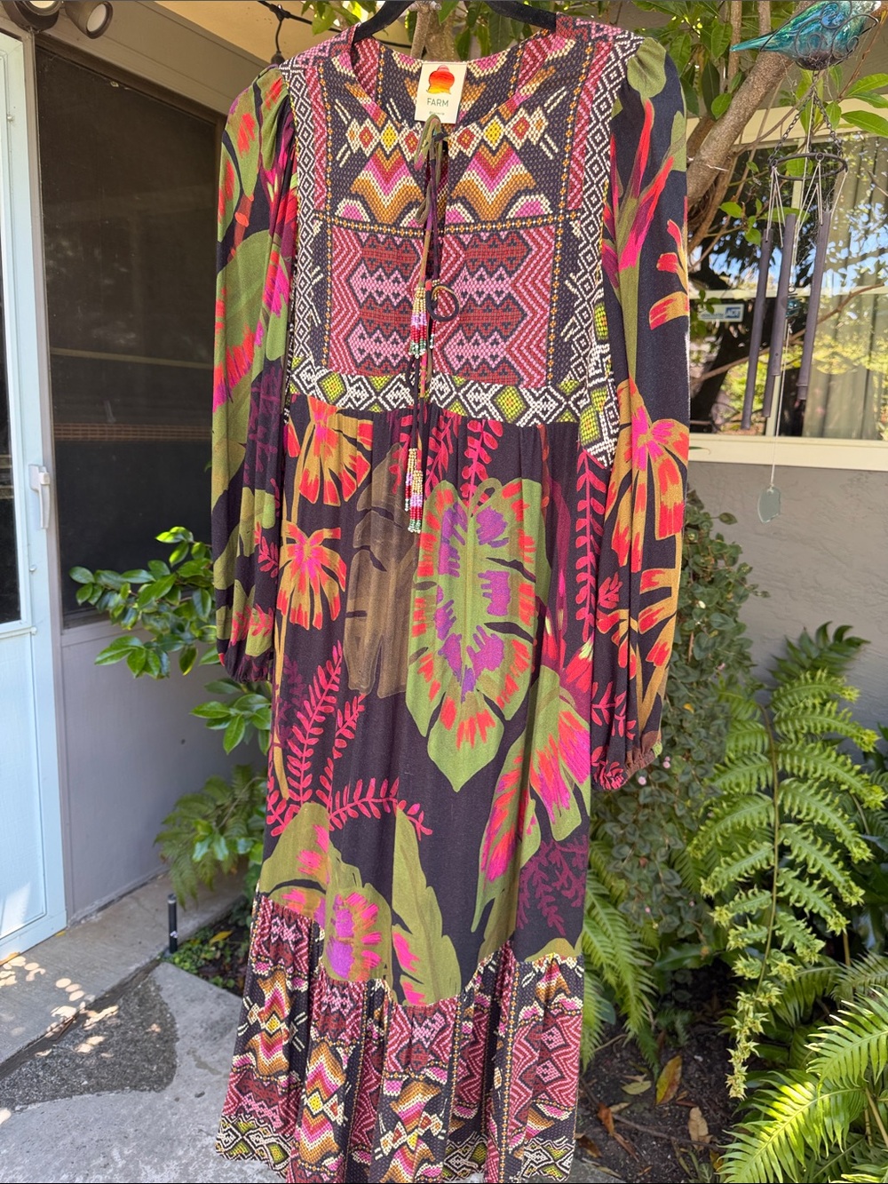 FARM Rio Black Maxi Dress with Pink & Green Tropical Print boho Vibes - Picture 3 of 11